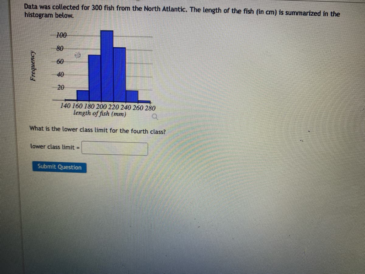 Data was collected for 300 fish from the North Atlantic. The length of the fish (in cm) is summarized in the
histogram below.
Frequency
100
20
140 160 180 200 220 240 260 280
length of fish (mm)
What is the lower class limit for the fourth class?
lower class limit=
Submit Question