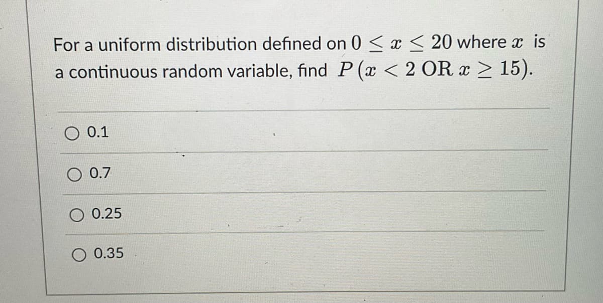 For a uniform distribution defined on 0≤ x ≤ 20 where x is
a continuous random variable, find P(x < 2 OR x ≥ 15).
0.1
0.7
0.25
0.35