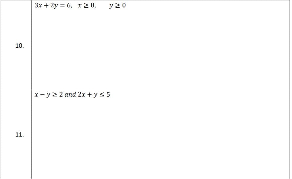 3x + 2y = 6, x 2 0,
y 2 0
10.
x - y > 2 and 2x + y < 5
11.
