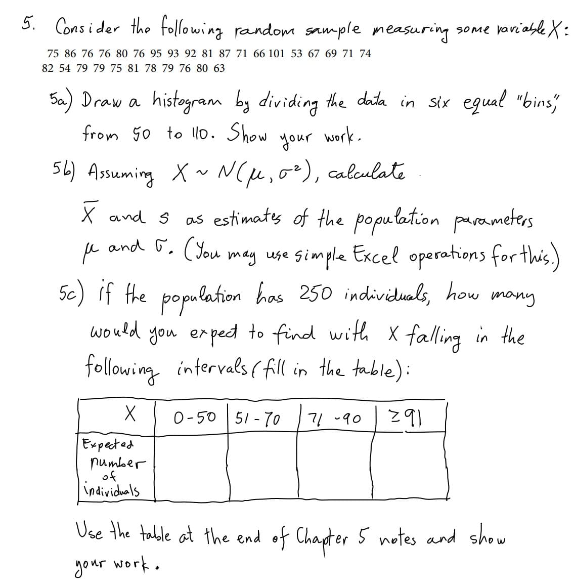 5. Consider the following random sample measuring
SOme vaviableX:
75 86 76 76 80 76 95 93 92 81 87 71 66 101 53 67 69 71 74
82 54 79 79 75 81 78 79 76 80 63
Sa) Draw a histogram by dividing the dota in six egual "bins,
from 5o to l10. Show
your
work.
56) Assuming X ~ N(pe, oz), calculate
X and s as estimates of the population parameters
and 6. (You may use simple Excel operations for this.)
Sc) if the population has 250 individuals, how
would you erped to find with X falling in the
following intervals ( fill in the table):
many
0-50 51 - 70
71 -90
Expected
number
of
individuals
Use the table at the end of Chapter 5 notes and show
gour work.
