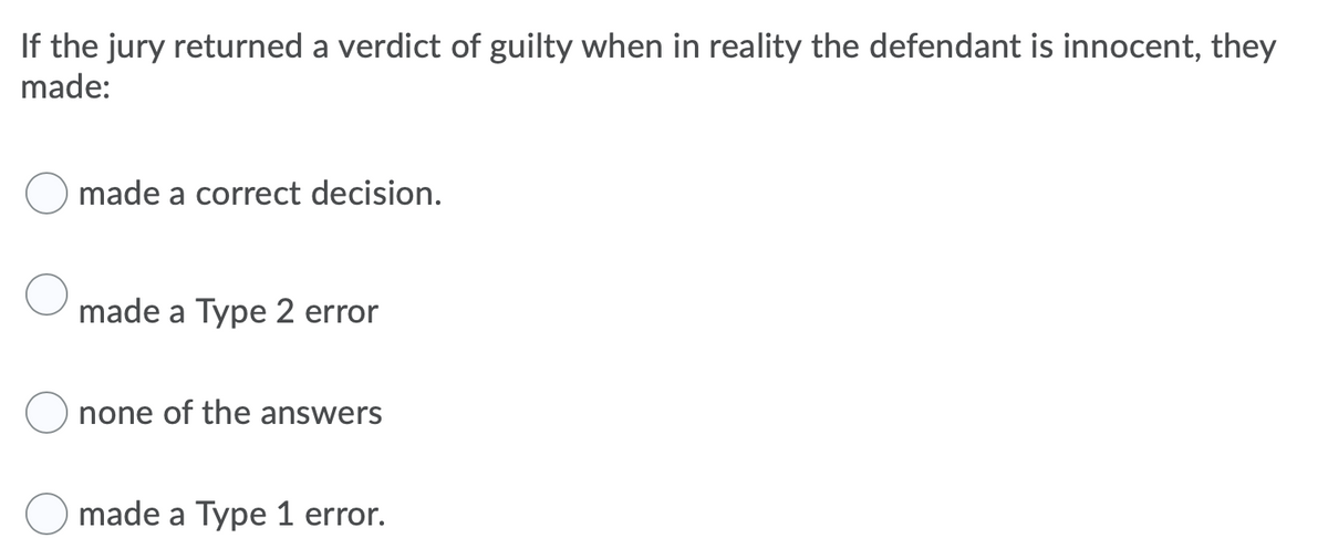 If the jury returned a verdict of guilty when in reality the defendant is innocent, they
made:
made a correct decision.
made a Type 2 error
none of the answers
made a Type 1 error.
