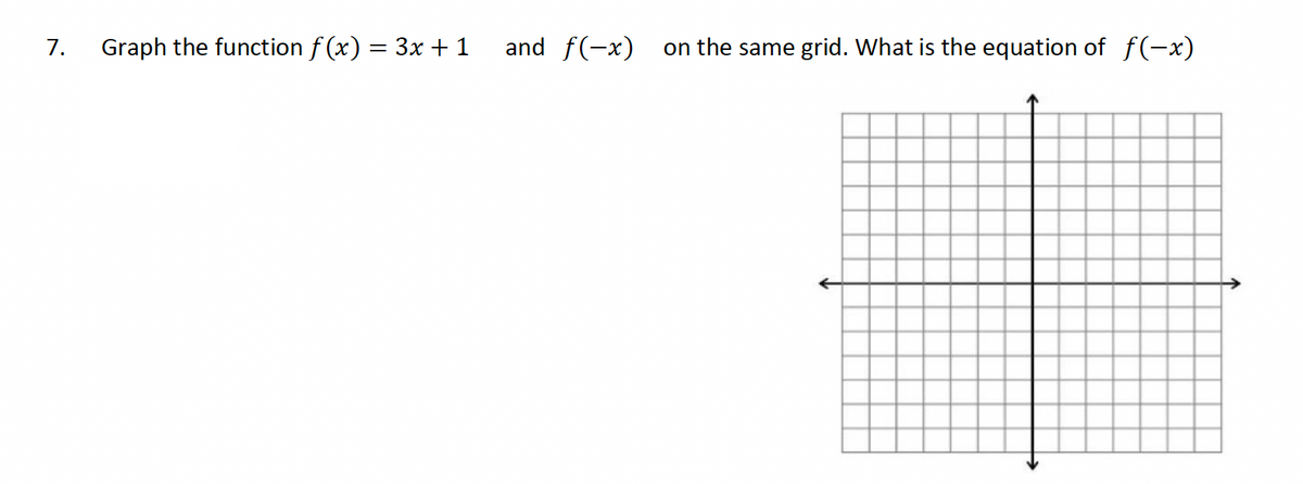 7.
Graph the function f(x) = 3x + 1 and f(x) on the same grid. What is the equation of f(-x)