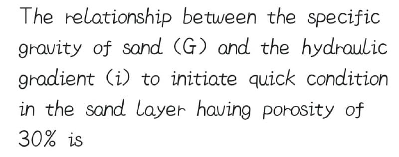 The relationship between the specific
gravity of sand (G) and the hydraulic
gradient (i) to initiate quick condition
in the sand layer having porosity of
30% is