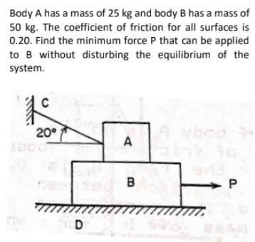 Body A has a mass of 25 kg and body B has a mass of
50 kg. The coefficient of friction for all surfaces is
0.20. Find the minimum force P that can be applied
to B without disturbing the equilibrium of the
system.
20°
A
need B
