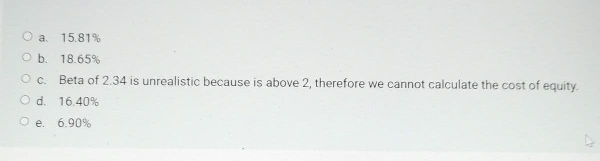 O a. 15.81%
O b. 18.65%
O c.
Beta of 2.34 is unrealistic because is above 2, therefore we cannot calculate the cost of equity.
O d. 16.40%
O e. 6.90%