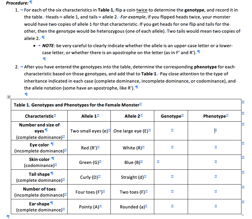 Procedure: T
1. + For-each of the six characteristics in Table 1, flip a coin twice to determine the genotype, and record it-in-
the table. Heads = allele 1, and tails = allele 2. For example, if you flipped heads twice, your monster
would-have two copies of allele 1 for that characteristic. If-you get heads for one flip and tails for the
other, then the genotype would-be heterozygous (one of each allele). Two tails would mean two copies of
allele 2. T
NOTE: be very careful to clearly indicate whether the allele is an upper-case-letter or a lower-
case-letter, or whether there is an apostrophe on the letter (as in-F' and-R'). T
2. - After you have entered the genotypes into the table, determine the corresponding phenotype for each-
characteristic based on those genotypes, and add that to Table 1. Pay close attention to the type of
inheritance indicated in each case-(complete dominance, incomplete dominance, or codominance), and-
the allele-notation (some-have an apostrophe, like R'). T
+
Table 1. Genotypes and Phenotypes for the Female-Monster
Characteristic
Allele 1
Allele 2
Genotype
Phenotype
Number and size of
eyes T
Two small-eyes (e) One large eye (E)
(complete dominance)
Eye color T
(incomplete dominance)
Red (R')
White (R)
Skin color T
Green (G)
Blue (B)
(codominance)
Tail-shape T
(complete dominance)
Straight (d)
Curly (D)E
Number of toes
Four toes (F')
Two toes (F)
(incomplete dominance)
Ear shape T
(complete dominance)
Pointy (A)
Rounded (a)
O.
