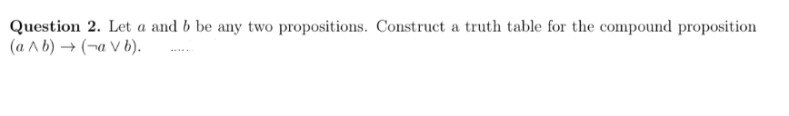 Question 2. Let a and b be any two propositions. Construct a truth table for the compound proposition
(a ^b) → (a V b).