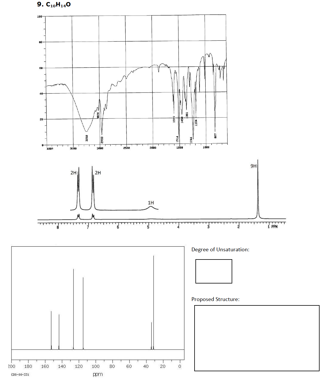 9. C10H140
108-
82
40-
28-
400a
35ag
2520
2000
1808
9H
2H
2H
1H
6.
Í PPM
Degree of Unsaturation:
Proposed Structure:
200
180
160
140
120
100
80
60
40
20
CDS-00-331
ppm
1450
