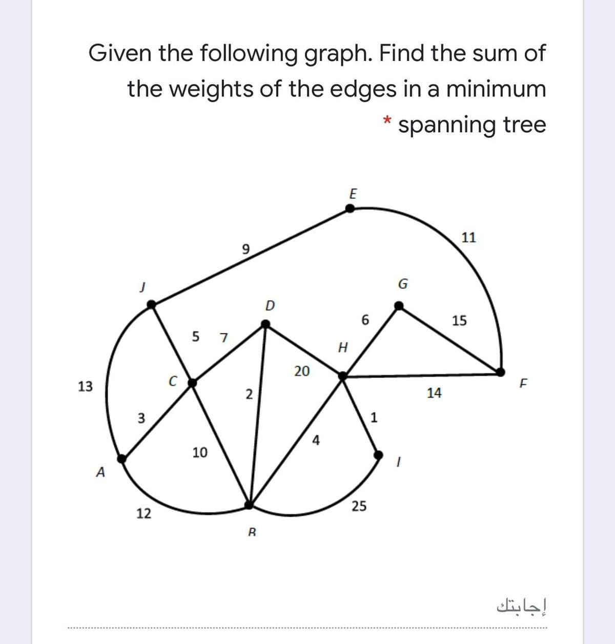 Given the following graph. Find the sum of
the weights of the edges in a minimum
spanning tree
11
9
15
5 7
H
13
2
14
3
1
10
25
12
إجابتك
LL
4.
20
