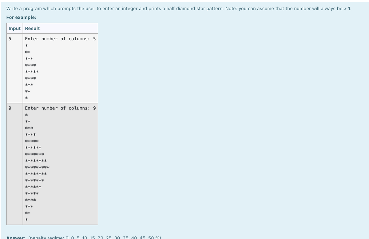 Write a program which prompts the user to enter an integer and prints a half diamond star pattern. Note: you can assume that the number will always be > 1.
For example:
Input Result
5
9
Enter number of columns: 5
*
**
***
****
*****
****
***
**
*
Enter number of columns: 9
*
**
***
****
*****
******
*******
********
*********
********
*******
******
*****
****
***
**
*
Answer: (penalty regime: 0.0 5 10 15 20 25 30 35 40 45 50 %)