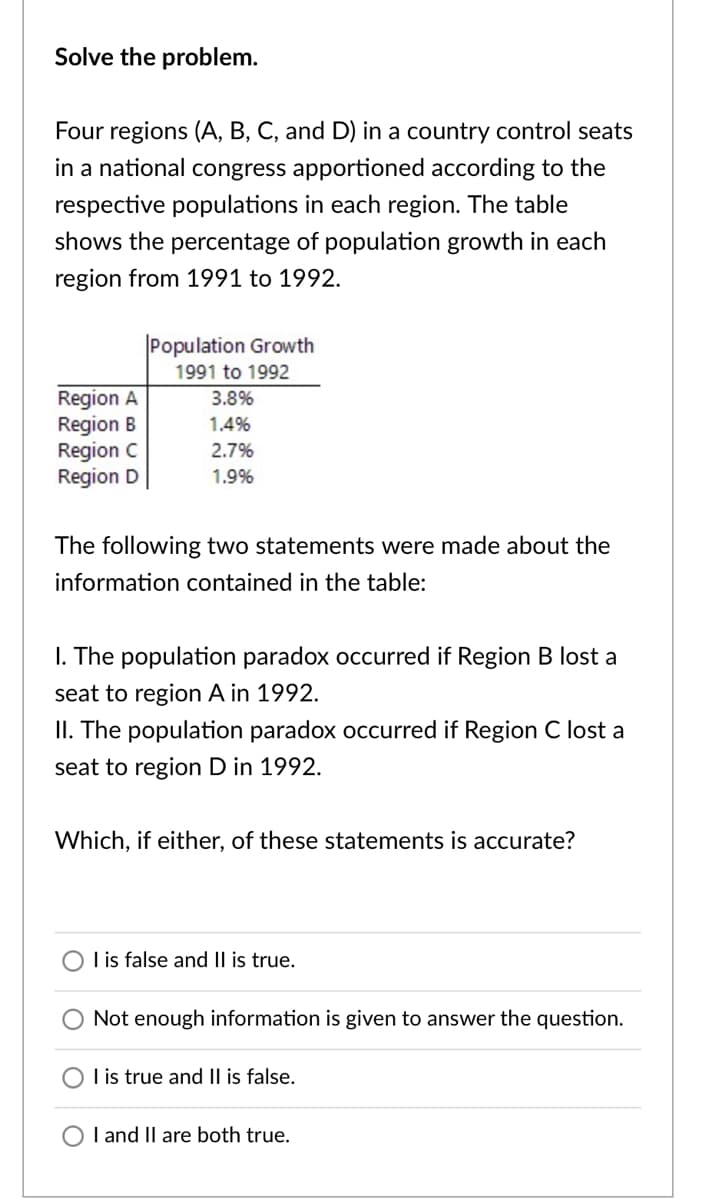 Solve the problem.
Four regions (A, B, C, and D) in a country control seats
in a national congress apportioned according to the
respective populations in each region. The table
shows the percentage of population growth in each
region from 1991 to 1992.
Population Growth
1991 to 1992
Region A
Region B
Region C
Region D
3.8%
1.4%
2.7%
1.9%
The following two statements were made about the
information contained in the table:
I. The population paradox occurred if Region B lost a
seat to region A in 1992.
II. The population paradox occurred if Region C lost a
seat to region D in 1992.
Which, if either, of these statements is accurate?
Lis false and II is true.
Not enough information is given to answer the question.
I is true and Il is false.
O l and II are both true.
