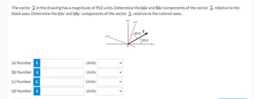 The vector in the drawing has a magnitude of 962 units. Determine the (alx and (bly components of the vector 7. relative to the
black axes. Determine the (c)x and (d)y components of the vector , relative to the colored axes.
(a) Number i
(b) Number i
3
(c) Number i
(d) Number A
Units
Units
Units
Units
40.0
30.0