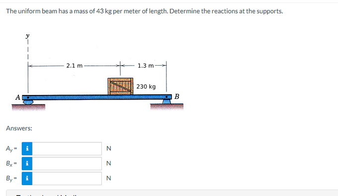 The uniform beam has a mass of 43 kg per meter of length. Determine the reactions at the supports.
A
Answers:
Ay-
Bx-
By-
i
i
2.1 m
Z Z Z
N
N
N
1.3 m
230 kg
BO