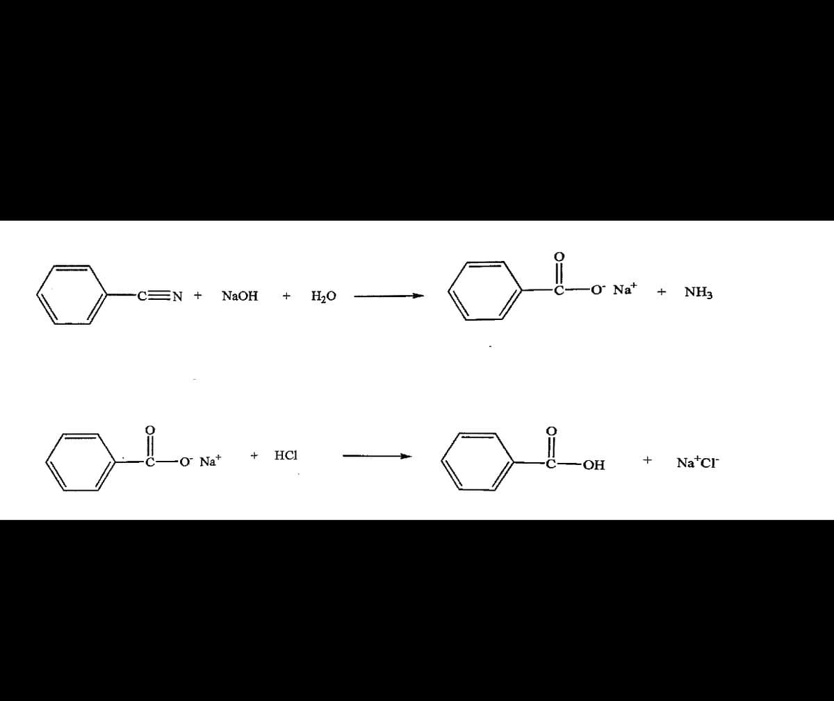 -C=N + NaOH + H₂O
O Nat
+ HC1
010
-O Na*
OH
+
+
NH3
Na Cr