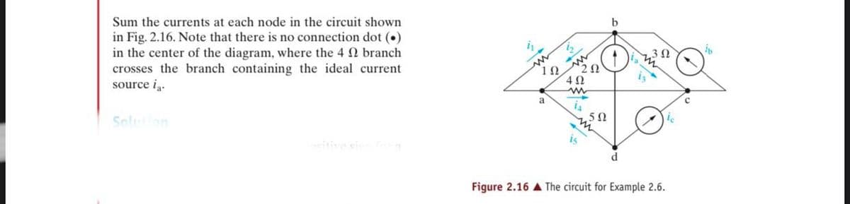 Sum the currents at each node in the circuit shown
in Fig. 2.16. Note that there is no connection dot (•)
in the center of the diagram, where the 4 N branch
crosses the branch containing the ideal current
source i.
4 N
Solution
eitive si
d
Figure 2.16 A The circuit for Example 2.6.
