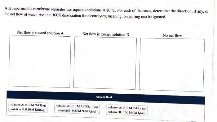 A semipermeable membrane separates two aqueous solutions at 20 °C. For each of the cases, determine the direction, if any, of
the net flow of water. Assume 100% dissociation for electrolytes, meaning ion pairing can be ignored.
Net flow is toward solution A
solution A: 0.10 M NaCl(aq)
solution B: 0.10 M KBr(aq)
Net flow is toward solution B
Answer Bank
solution A: 0.10 M AI(NO₂),(aq)
solution B: 0.20 M NaNO, (aq)
solution A: 0.10 M CaCl₂(aq)
solution B: 0.50 M CaC1, (aq)
No net flow