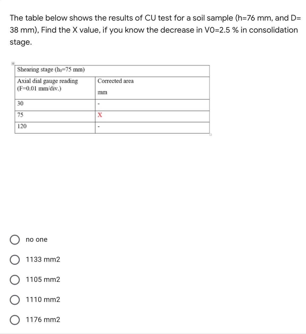 The table below shows the results of CU test for a soil sample (h=76 mm, and D=
38 mm), Find the X value, if you know the decrease in VO=2.5 % in consolidation
stage.
Shearing stage (ho=75 mm)
Axial dial gauge reading
(F=0.01 mm/div.)
Corrected area
mm
30
75
120
no one
O 1133 mm2
1105 mm2
O 1110 mm2
O 1176 mm2
