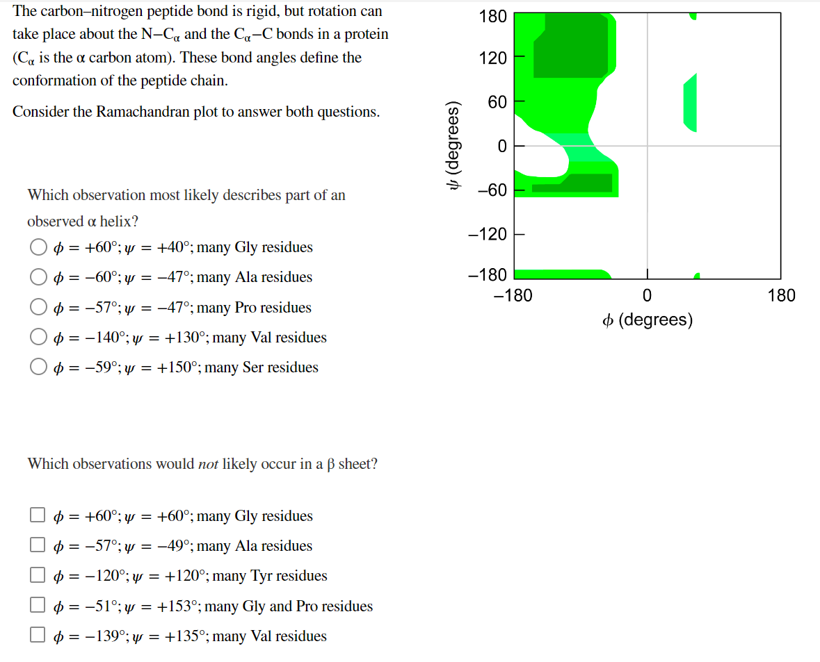 The carbon-nitrogen peptide bond is rigid, but rotation can
take place about the N-C and the Co-C bonds in a protein
(Co is the a carbon atom). These bond angles define the
conformation of the peptide chain.
Consider the Ramachandran plot to answer both questions.
Which observation most likely describes part of an
observed a helix?
p = +60°; y
+40°; many Gly residues
= -60°; y = −47°; many Ala residues
=
= -57°; y = −47°; many Pro residues
= -140°; y = +130°; many Val residues
p = -59°; y = +150°; many Ser residues
Which observations would not likely occur in a ẞ sheet?
p = +60°; y = +60°; many Gly residues
p = −57°; y = −49°; many Ala residues
= -120°; y = +120°; many Tyr residues
= -51°; y = +153°; many Gly and Pro residues
p = −139°; y = +135°; many Val residues
(degrees)
180
120
60
0
-60
-120
-180
-180
0
(degrees)
180