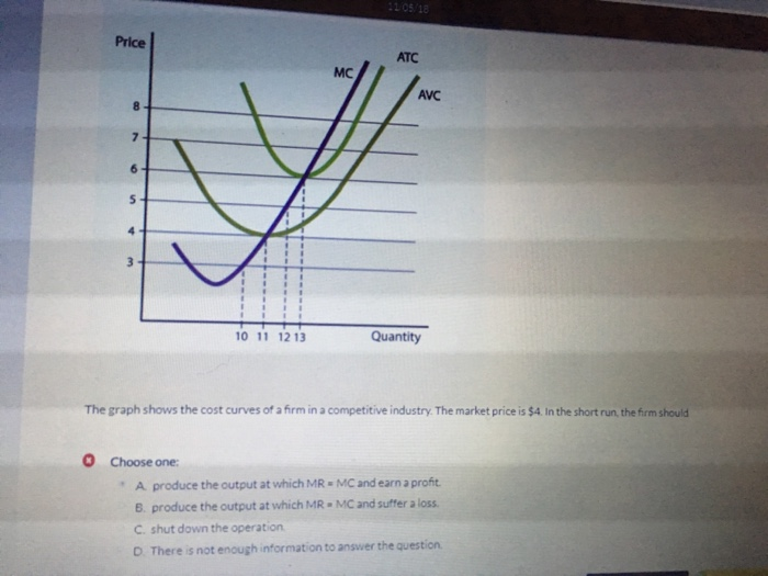 Price
8
7
6
5
3
I
I
I
II
1
O Choose one:
10 11 12 13
MC
11/05/18
ATC
AVC
Quantity
The graph shows the cost curves of a firm in a competitive industry. The market price is $4. In the short run, the firm should
A produce the output at which MRMC and earn a profit.
B. produce the output at which MR MC and suffer a loss.
C. shut down the operation
D. There is not enough information to answer the question.