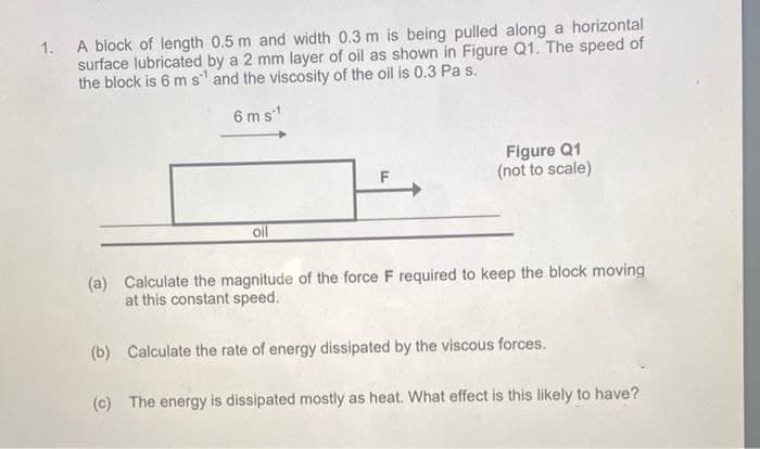 A block of length 0.5 m and width 0.3 m is being pulled along a horizontal
surface lubricated by a 2 mm layer of oil as shown in Figure Q1. The speed of
the block is 6 m s and the viscosity of the oil is 0.3 Pa s.
1.
6 ms
Figure Q1
(not to scale)
oil
(a) Calculate the magnitude of the force F required to keep the block moving
at this constant speed.
(b) Calculate the rate of energy dissipated by the viscous forces.
(c) The energy is dissipated mostly as heat. What effect is this likely to have?
