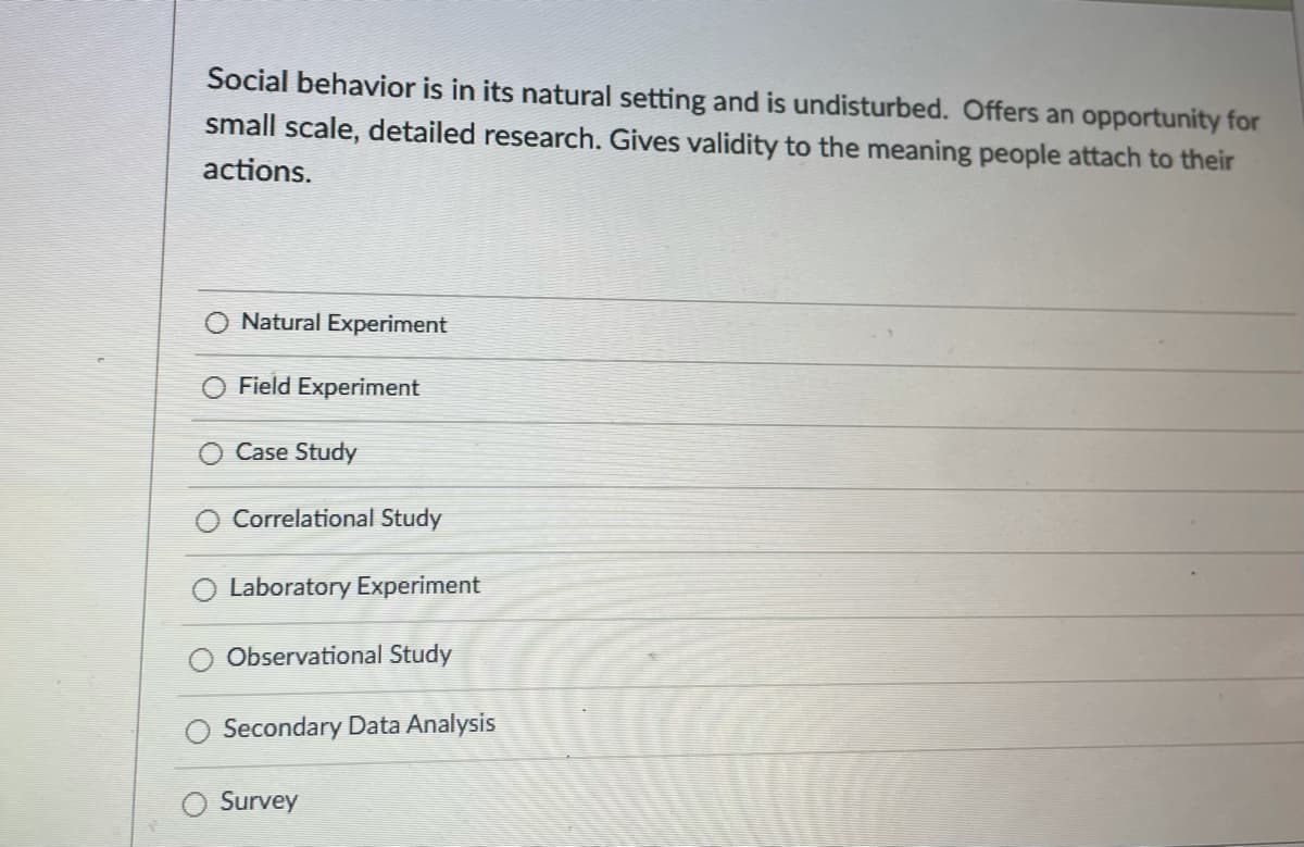 Social behavior is in its natural setting and is undisturbed. Offers an opportunity for
small scale, detailed research. Gives validity to the meaning people attach to their
actions.
Natural Experiment
Field Experiment
Case Study
Correlational Study
Laboratory Experiment
Observational Study
Secondary Data Analysis
Survey
