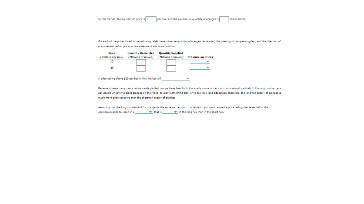 In this market, the equilibrium price is
per box, and the equilibrium quantity of oranges is
million boxes.
For each of the prices listed in the following table, determine the quantity of oranges demanded, the quantity of oranges supplied, and the direction of
pressure exerted on prices in the absence of any price controls.
Quantity Demanded
(Millions of boxes)
Quantity Supplied
(Millions of boxes)
Price
(Dollars per box)
Pressure on Prices
30
20
A price ceiling above $25 per box in this market will
Because it takes many years before newly planted orange trees bear fruit, the supply curve in the short run is almost vertical. In the long run, farmers
can decide whether to plant oranges on their land, to plant something else, or to sell their land altogether. Therefore, the long-run supply of oranges is
much more price sensitive than the short-run supply of oranges.
Assuming that the long-run demand for oranges is the same as the short-run demand, you would expect a price ceiling that is set below the
equilibrium price to result in a
v that is
in the long run than in the short run.
