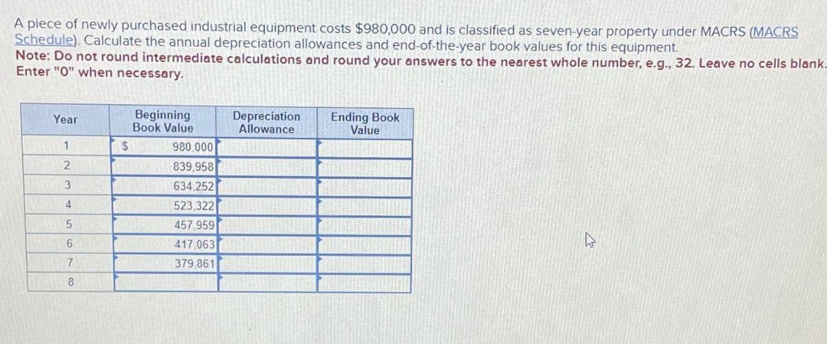 A piece of newly purchased industrial equipment costs $980,000 and is classified as seven-year property under MACRS (MACRS
Schedule). Calculate the annual depreciation allowances and end-of-the-year book values for this equipment.
Note: Do not round intermediate calculations and round your answers to the nearest whole number, e.g., 32. Leave no cells blank_
Enter "0" when necessary.
Year
Beginning
Book Value
Depreciation
Allowance
Ending Book
Value
1
$ 980,000
2
839,958
3
634,252
4
523,322
5
457,959
6
417,063
7
379,861
8
ง