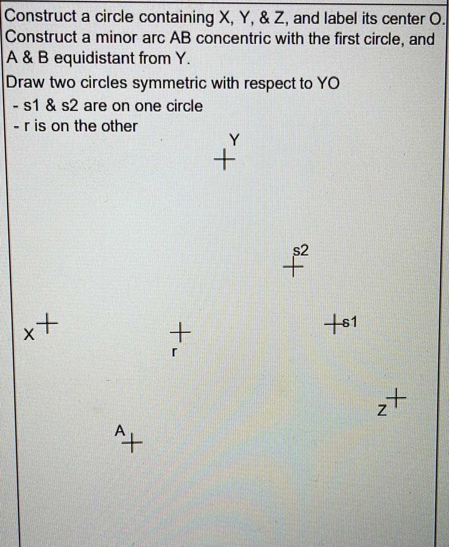 Construct a circle containing X, Y, & Z, and label its center O.
Construct a minor arc AB concentric with the first circle, and
A & B equidistant from Y.
Draw two circles symmetric with respect to YO
- s1 & s2 are on one circle
-ris on the other
Y
s2
ャメ
to
+-
tx
