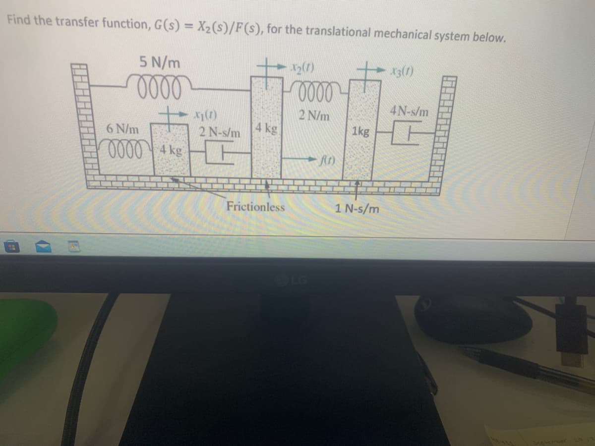 Find the transfer function, G(s) = X₂ (s)/F(s), for the translational mechanical system below.
5 N/m
oooo
ET
6 N/m
A SORE
0000 4 kg
x1(1)
2 N-s/m
H
4 kg
Frictionless
X₂ (1)
0000
2 N/m
OLG
1kg
1 N-s/m
X3(1)
4N-s/m