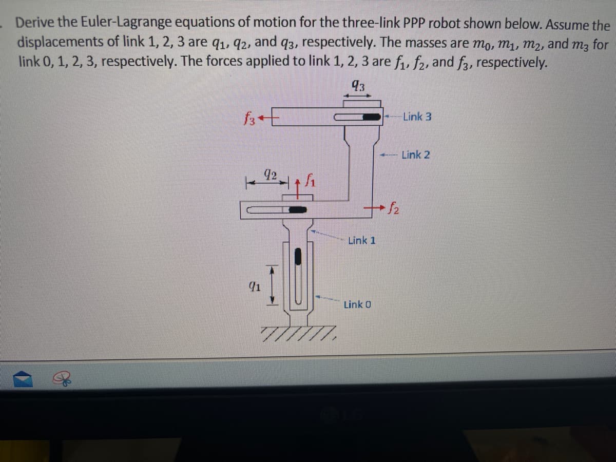 Derive the Euler-Lagrange equations of motion for the three-link PPP robot shown below. Assume the
displacements of link 1, 2, 3 are q1, 92, and q3, respectively. The masses are mo, m₁, m₂, and m3 for
link 0, 1, 2, 3, respectively. The forces applied to link 1, 2, 3 are f₁, f₂, and f³, respectively.
93
Link 3
Link 1
91
Link 0
LG
√2
Link 2