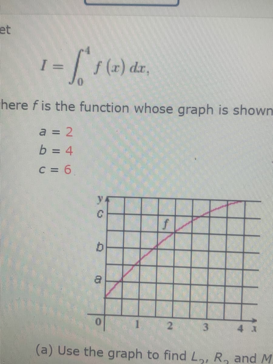 et
I =
here f is the function whose graph is shown
a = 2
b = 4
%3D
%3D
C = 6
a
4 x
(a) Use the graph to find La, R, and M.
3.
2.
