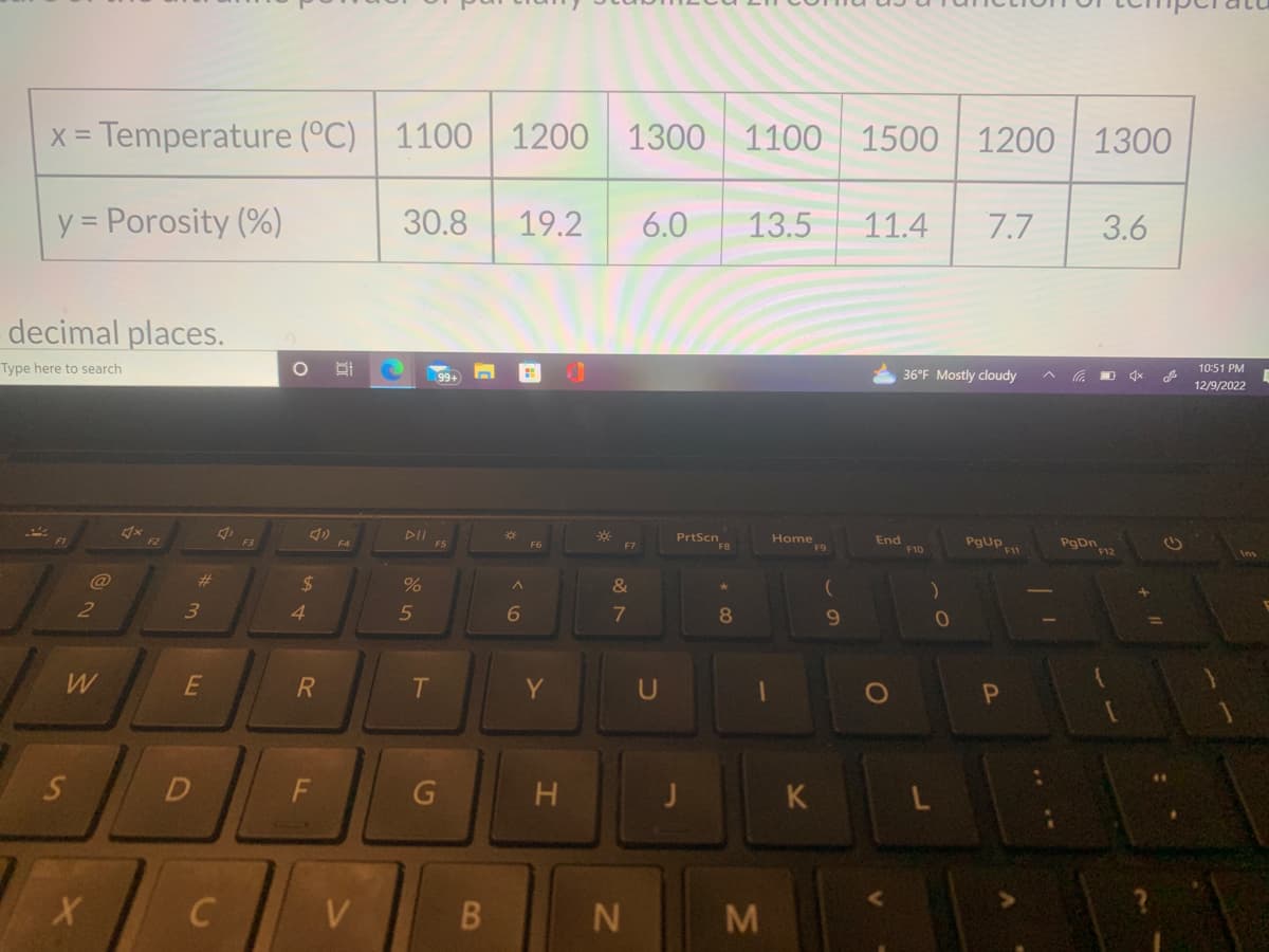 X = - Temperature (°C) 1100
y = Porosity (%)
decimal places.
Type here to search
S
@
2
W
X
4x
F2
#
3
E
D
4
C
F3
O 81
41
$
4
R
F
F4
V
30.8
DII
%
5
T
G
B
1200 1300 1100 1500 1200 1300
*
19.2
A
6
F6
Y
H
*
F7
&
7
N
6.0 13.5
U
PrtScnF8
8
1
M
Home
K
F9
(
9
11.4
End
36°F Mostly cloudy
F10
)
L
7.7
0
PgUp
F11
P
la
PgDn
3.6
F12
De
(1)
10:51 PM
12/9/2022