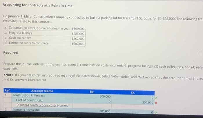 Accounting for Contracts at a Point in Time
On January 1, Miller Construction Company contracted to build a parking lot for the city of St. Louis for $1,125,000. The following tram
estimates relate to this contract.
a. Construction costs incurred during the year $300,000
b. Progress billings
$285,000
c. Cash collections
$262,500
d. Estimated costs to complete
$600,000
Required
Prepare the journal entries for the year to record (1) construction costs incurred, (2) progress billings, (3) cash collections, and (4) reve.
expenses.
Note: If a journal entry isn't required on any of the dates shown, select "N/A-debit" and "N/A-credit" as the account names and lea
and Cr. answers blank (zero).
Ref.
1.
2
Account Name
Construction in Process.
Cost of Construction
To record constructions costs incurred
Accounts Receivable
Dr.
300,000
0
285,000
Cr.
0
300,000 x
0✓