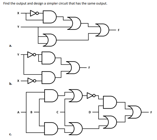 Find the output and design a simpler circuit that has the same output.
D
b
Dott
TID
D
A
B
I
a.
b.
C.
X
F
F
D
2
F