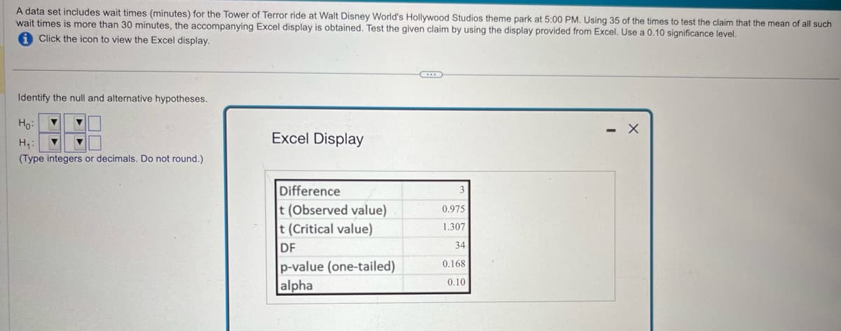 A data set includes wait times (minutes) for the Tower of Terror ride at Walt Disney World's Hollywood Studios theme park at 5:00 PM. Using 35 of the times to test the claim that the mean of all such
wait times is more than 30 minutes, the accompanying Excel display is obtained. Test the given claim by using the display provided from Excel. Use a 0.10 significance level.
Click the icon to view the Excel display.
Identify the null and alternative hypotheses.
Ho
H₁:
Excel Display
(Type integers or decimals. Do not round.)
Difference
3
t (Observed value)
0.975
t (Critical value)
1.307
DF
34
p-value (one-tailed)
0.168
alpha
0.10
-