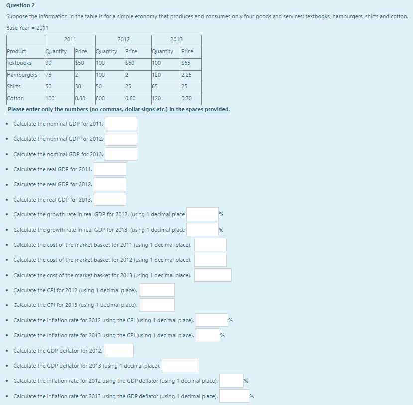 Question 2
Suppose the information in the table is for a simple economy that produces and consumes only four goods and services: textbooks, hamburgers, shirts and cotton.
Base Year = 2011
Product
Textbooks 90
Hamburgers 75
50
2011
Quantity
Quantity
100
2012
100
50
Price
$60
Price
$50
2
Shirts
30
Cotton
100
0.80 800
0.60
Please enter only the numbers (no commas, dollar signs etc.) in the spaces provided.
• Calculate the nominal GDP for 2011.
• Calculate the nominal GDP for 2012.
• Calculate the nominal GDP for 2013.
• Calculate the real GDP for 2011.
• Calculate the real GDP for 2012.
•
Calculate the real GDP for 2013.
• Calculate the growth rate in real GDP for 2012. (using 1 decimal place
• Calculate the growth rate in real GDP for 2013. (using 1 decimal place
• Calculate the cost of the market basket for 2011 (using 1 decimal place).
Calculate the cost of the market basket for 2012 (using 1 decimal place).
• Calculate the cost of the market basket for 2013 (using 1 decimal place).
• Calculate the CPI for 2012 (using 1 decimal place).
• Calculate the CPI for 2013 (using 1 decimal place).
Calculate the inflation rate for 2012 using the CPI (using 1 decimal place).
• Calculate the inflation rate for 2013 using the CPI (using 1 decimal place).
Calculate the GDP deflator for 2012.
• Calculate the GDP deflator for 2013 (using 1 decimal place).
• Calculate the inflation rate for 2012 using the GDP deflator (using 1 decimal place).
Calculate the inflation rate for 2013 using the GDP deflator (using 1 decimal place).
2
25
Quantity
100
2013
120
65
120
Price
$65
2.25
25
0.70
%
%
%
de
%
%