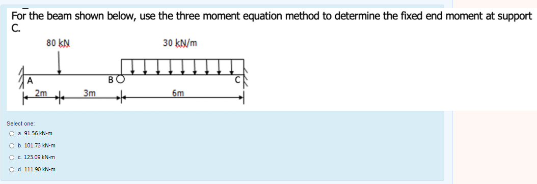 For the beam shown below, use the three moment equation method to determine the fixed end moment at support
C.
80 KN
30 kN/m
BO
2m
3m
6m
Select one:
O a. 91.56 kN-m
O b. 101.73 kN-m
Oc. 123.09 kN-m
O d. 111.90 kN-m
