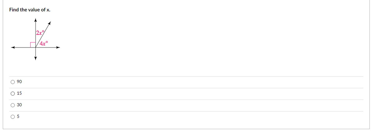 Find the value of x.
2x
/4x°
O 90
О 15
О 30
O 5
O o o o

