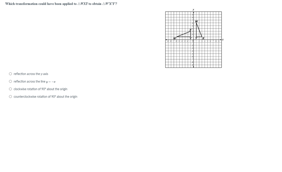 Which transformation could have been applied to AWXY to obtain AW'X'Y'?
y
O reflection across the y-axis
O reflection across the line y = -I
O clockwise rotation of 90° about the origin
O counterclockwise rotation of 90° about the origin
