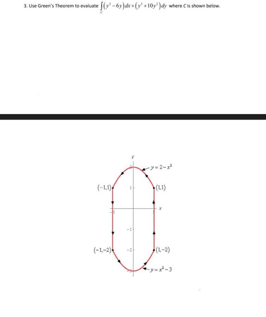 3. Use Green's Theorem to evaluate (y -6y)dx+(y +10y)dy where C is shown below.
イソ=2-x
(-1,1)
1-
(1,1)
(-1,-2)
(1,-2)
y =x-3
