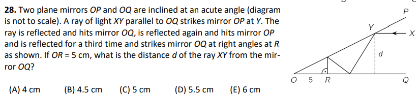 28. Two plane mirrors OP and OQ are inclined at an acute angle (diagram
is not to scale). A ray of light XY parallel to OQ strikes mirror OP at Y. The
ray is reflected and hits mirror OQ, is reflected again and hits mirror OP
and is reflected for a third time and strikes mirror OQ at right angles at R
as shown. If OR = 5 cm, what is the distance d of the ray XY from the mir-
ror OQ?
(A) 4 cm
(B) 4.5 cm
(C) 5 cm
(D) 5.5 cm
(E) 6 cm
O 5 R
2
X