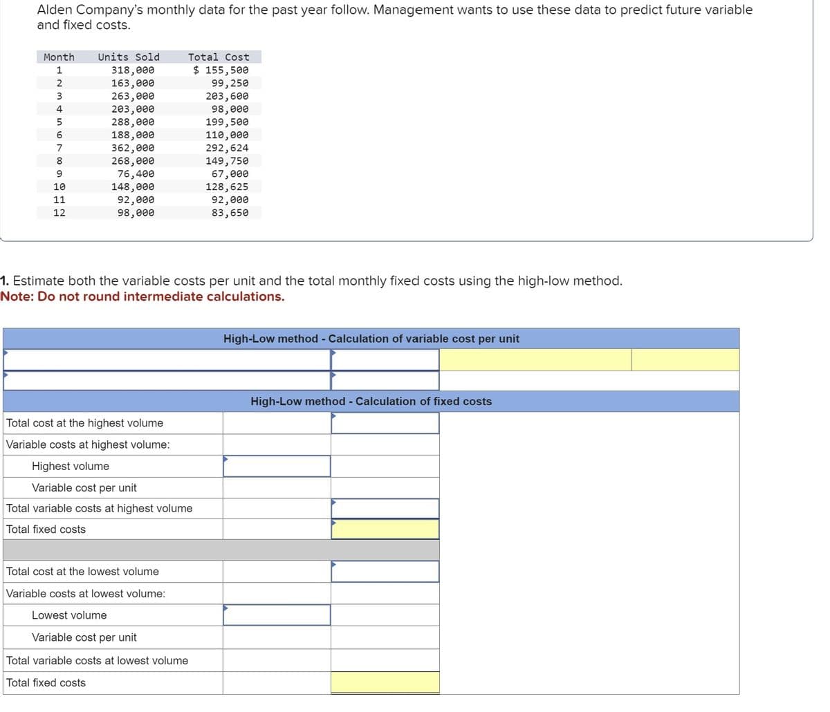 Alden Company's monthly data for the past year follow. Management wants to use these data to predict future variable
and fixed costs.
Month
Units Sold
1
318,000
2
163,000
3
263,000
Total Cost
$ 155,500
99,250
203,600
4
203,000
98,000
5
288,000
199,500
6
188,000
110,000
7
362,000
292,624
8
268,000
149,750
9
76,400
67,000
10
148,000
128,625
11
92,000
92,000
12
98,000
83,650
1. Estimate both the variable costs per unit and the total monthly fixed costs using the high-low method.
Note: Do not round intermediate calculations.
Total cost at the highest volume
Variable costs at highest volume:
Highest volume
Variable cost per unit
Total variable costs at highest volume
Total fixed costs
Total cost at the lowest volume
Variable costs at lowest volume:
Lowest volume
Variable cost per unit
Total variable costs at lowest volume
Total fixed costs
High-Low method - Calculation of variable cost per unit
High-Low method - Calculation of fixed costs