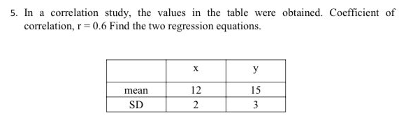 5. In a correlation study, the values in the table were obtained. Coefficient of
correlation, r 0.6 Find the two regression equations.
X
y
mean
12
15
SD
3
2.
