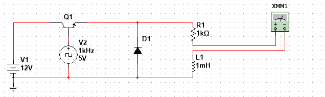 HON
V1
12V
Q1
V2
1kHz
5V
D1
R1
-1k0
L1
1mH
XMM1