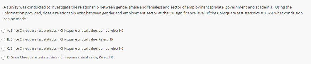 A survey was conducted to investigate the relationship between gender (male and females) and sector of employment (private, government and academia). Using the
information provided, does a relationship exist between gender and employment sector at the 5% significance level? If the Chi-square test statistics = 0.529, what conclusion
can be made?
O A. Since Chi-square test statistics > Chi-square critical value, do not reject H0
O B. Since Chi-square test statistics > Chi-square critical value, Reject HO
O C. Since Chi-square test statistics < Chi-square critical value, do not reject H0
O D. Since Chi-square test statistics < Chi-square critical value, Reject HO
