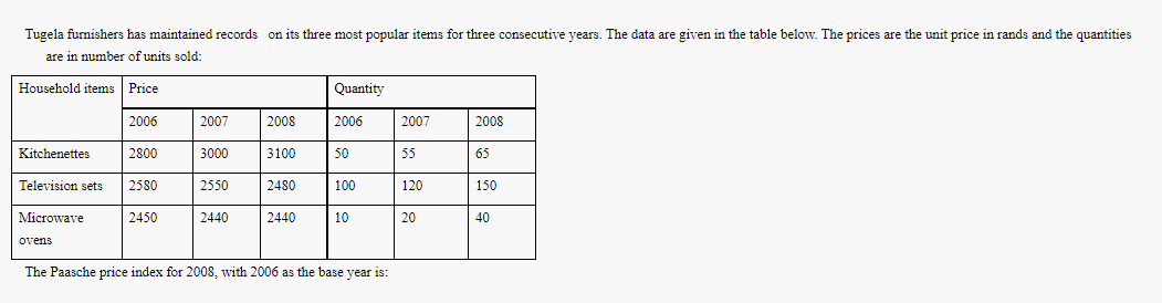 Tugela furnishers has maintained records on its three most popular items for three consecutive years. The data are given in the table below. The prices are the unit price in rands and the quantities
are in number of units sold:
Household items Price
Quantity
2006
2007
|2008
2006
2007
2008
Kitchenettes
2800
3000
3100
50
55
65
Television sets
2580
2550
2480
100
120
150
Microwave
2450
2440
2440
10
20
40
ovens
The Paasche price index for 2008, with 2006 as the base year is:
