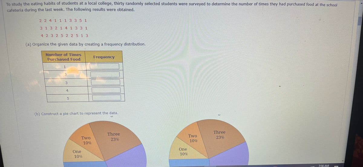 To study the eating habits of students at a local college, thirty randomly selected students were surveyed to determine the number of times they had purchased food at the school
cafeteria during the last week. The following results were obtained.
2 2 4 1 1 1 3 3 5 1
3 1 3 2 1 4 1 3 3 1
(a) Organize the given data by creating a frequency distribution.
Number of Times
Purchased Food
1
2
3
St
UT
(b) Construct a pie chart to represent the data.
One
Two
10%
Frequency
10%
Three
23%
One
10%
Two
10%
Three
23%
7:56 AM