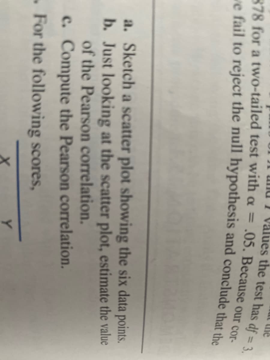 I Values the test has df = 3
378 for a two-tailed test with a = .05. Because our e
ve fail to reject the null hypothesis and conclude that the
a. Sketch a scatter plot showing the six data points.
b. Just looking at the scatter plot, estimate the value
of the Pearson correlation.
c. Compute the Pearson correlation.
For the following scores,
Y.
