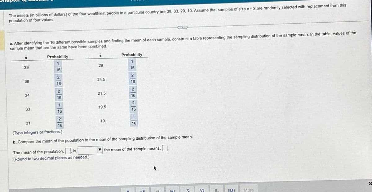 The assets (in billions of dollars) of the four wealthiest people in a particular country are 39, 33, 29, 10. Assume that samples of size n = 2 are randomly selected with replacement from this
population of four values.
a. After identifying the 16 different possible samples and finding the mean of each sample, construct a table representing the sampling distribution of the sample mean. In the table, values of the
sample mean that are the same have been combined.
Probability
1
22
Probability
1
29
39
16
16
2
2
24.5
36
16
16
2
2
34
21.5
16
16
2
1
19.5
33
16
16
31
37
2
16
10
10
1
16
(Type integers or fractions.)
b. Compare the mean of the population to the mean of the sampling distribution of the sample mean.
The mean of the population,
, is
the mean of the sample means,
(Round to two decimal places as needed.)
x
G
More