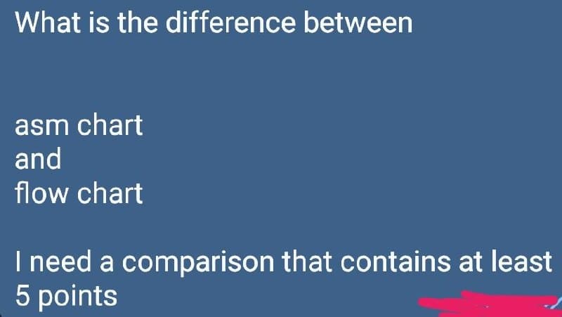 What is the difference between
asm chart
and
flow chart
I need a comparison that contains at least
5 points
